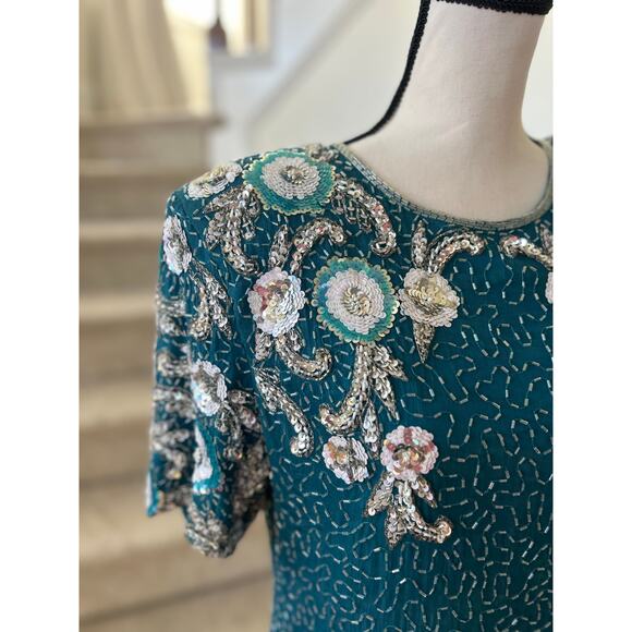 Vintage Teal Blue & Silver Beaded Floral Silk Sheath Dress - Picture 7 of 8